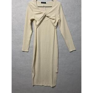 Viciall Dress Womens Small Cream Textured Long Sleeve Midi Bodycon Knot Detail